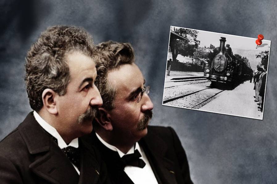 lumiere brothers, invention of cinema, 1895 invention of cinema, private screening, workers leaving the lumiere factory, common grammar of film, the history of cinema, the first cinema film, motion picture film camera