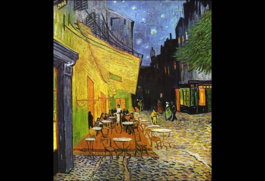 Van Gogh's Café Terrace at Night: A night painting for you with no black in it
